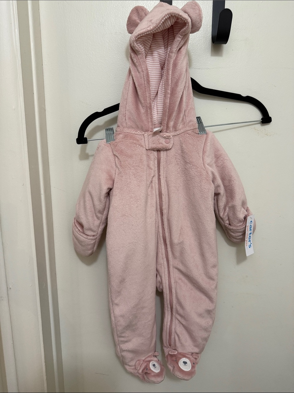 Carter's Soft Pink Plush Hooded Footed One-Piece with Bear Ears